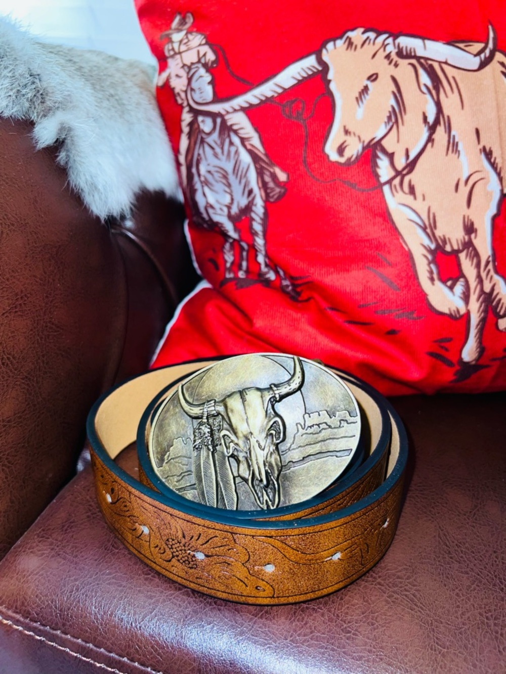 Western Tooled Leather Belt with Bull Skull Buckle